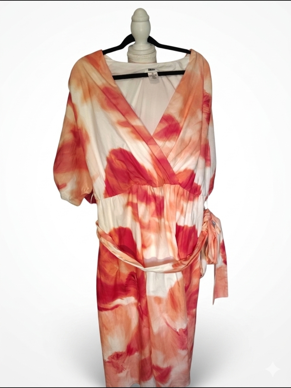 DKNY Wrap Dress in White with Coral & Orange Watercolor Print Plu Size‎ 22w Nwt